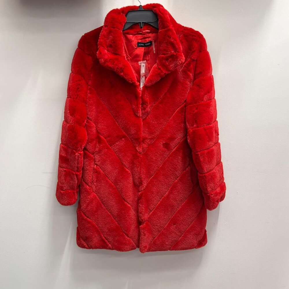NWT - LOVE TOKEN BRIGHT RED FAUX FUR COAT Lt1602